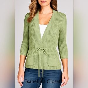 Isabella’s Closet Sage Green Cable Knit Sweater with Drawstring Waist – Medium